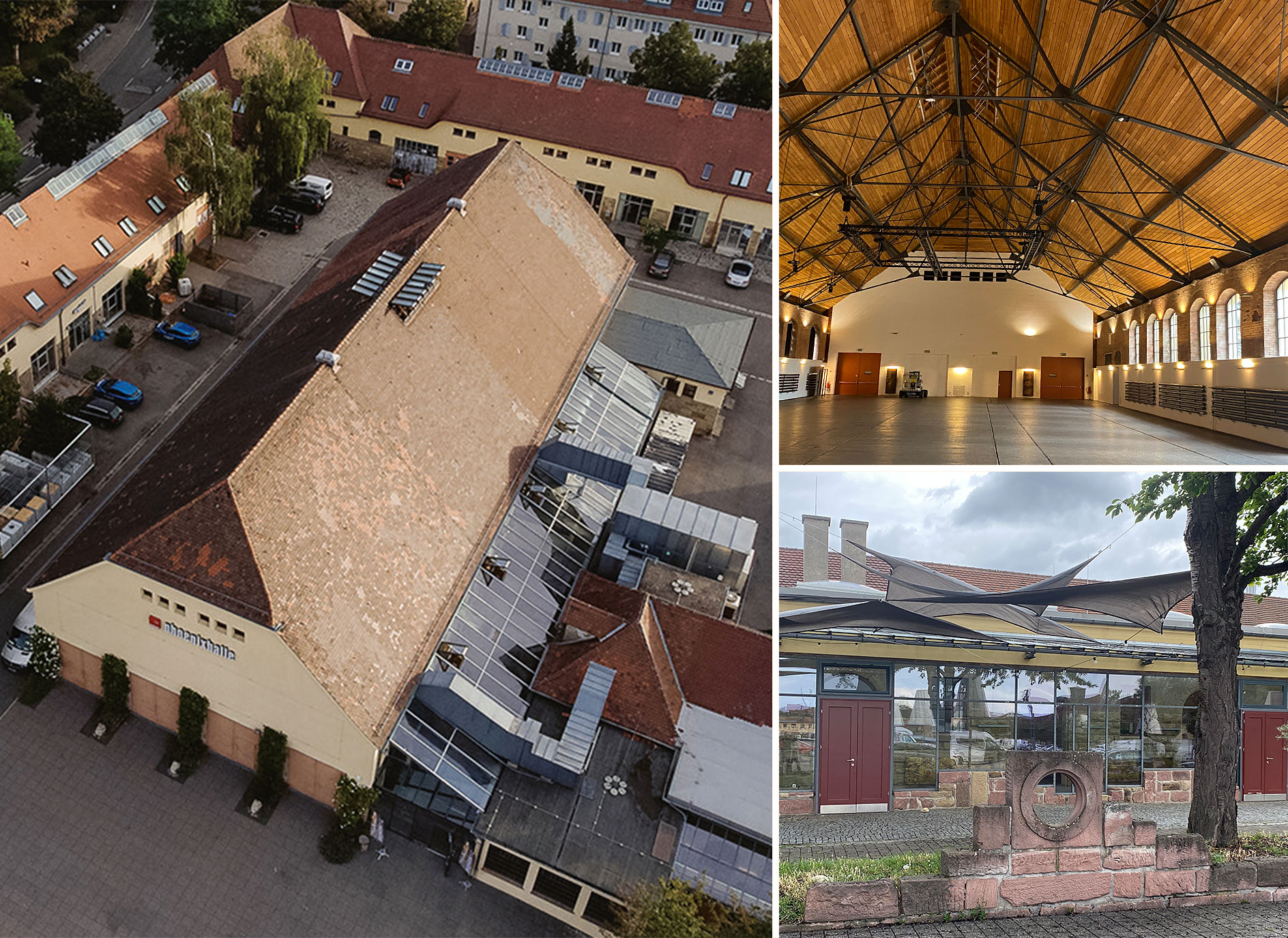 Phoenixhalle im Römerkastell, Außenansicht, Innenansicht der Halle und Seitenansicht 