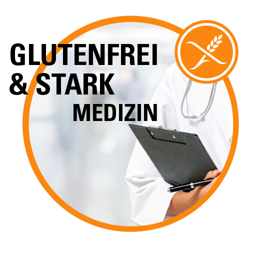 In einem orangenem Kreissieht man den weißen Arztkittel mit Stetoskop und Klemmbrett - links steht Glutenfrei & Stark Medizin - rechts ist das Logo der durchgestrichenen Ähre