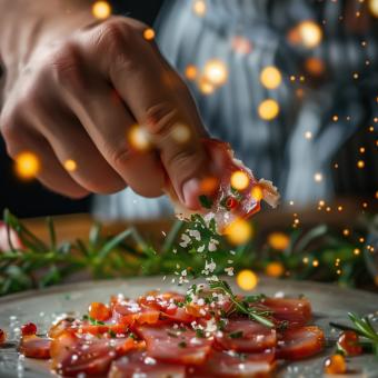 teller, auf dem Carpaccio zubereitet wird- eine hand streut Parmesan darüber - weihnachtliche Stimmung