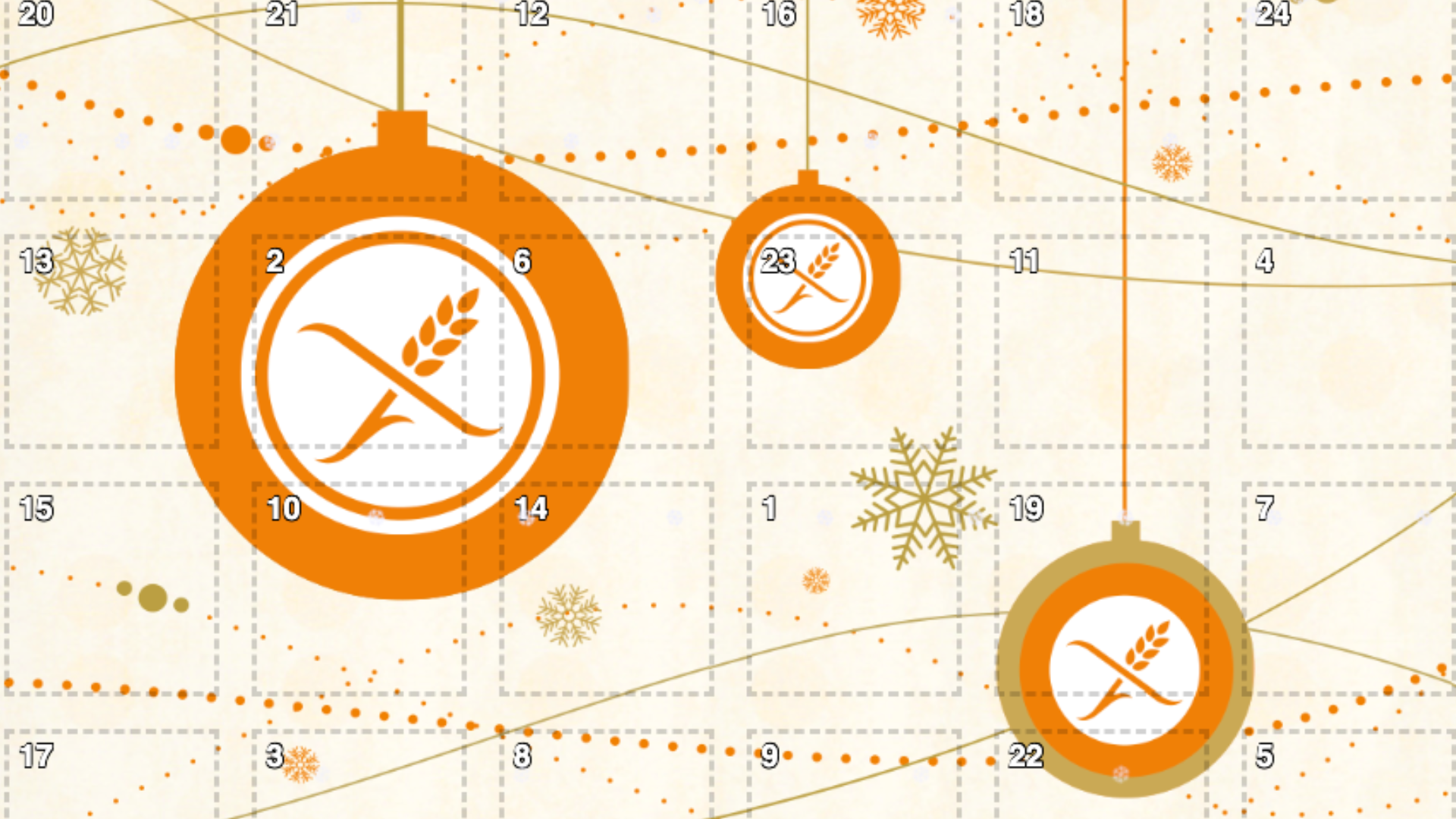 Ein Adventskalender worauf Kugeln mit der orangefarbenen durchgestrichenen Ähre sind und viele Sterne und Türchen abgebildet sind