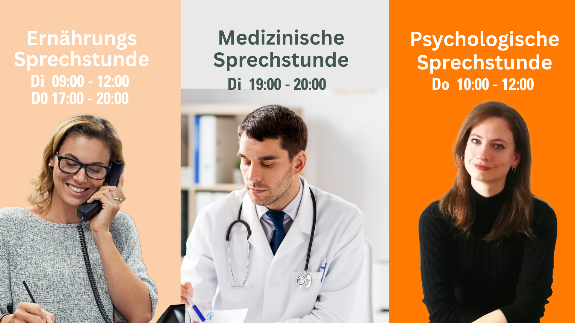 links eine Frau am Telefon darüber steht Ernährungs Srechstunde, daneben ein Arzt am Schreibstisch, darüber steht Medizinische Sprechstunde, daneben eine sitzende Frau, darüber steht Psychologische Sprechstunde