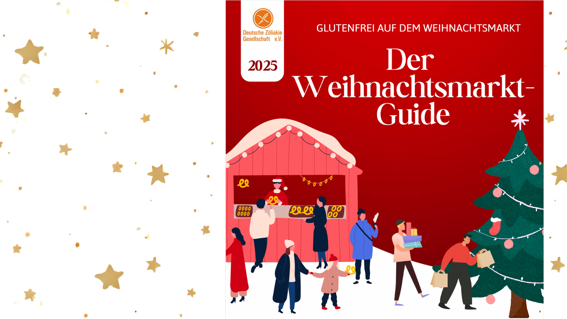 Zeichnungen von einem Weihnachtsmarkt mit einem Stand, vielen Leuten mit Tüten und Paketen - rechts einem grünem Tannenbaum und das ganze mit einem rotem Hintergrundund viele goldene Sterne