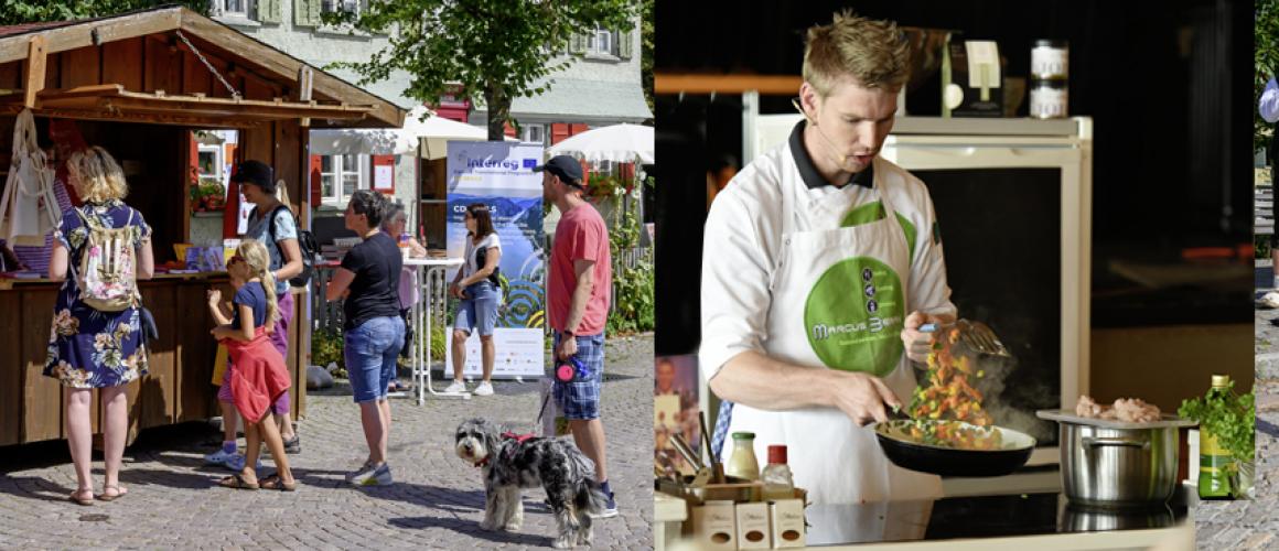 glutenfreier markt in Scheidegg Markstand mit Marktbesuchern, ein Koch der Gemüse in einer Pfanne wendet, Albhornbläser