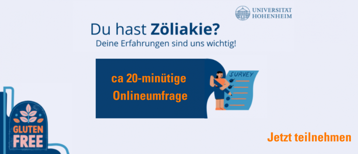 Zöliakie Umfrage Logo von der Universität Hohenheim mit der frage Du hast Zöliakie? Deine Erfahrungen sind uns wichtig. Ein Männchen, das eine Umfrage in den Händen hält . Unten eine Ähre und das Wort Gluten Free in einem folkloristischem Stil.