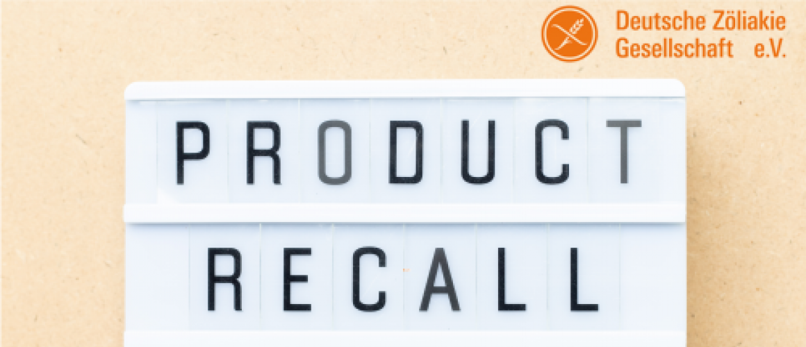 Schild mit dem Text Product Recall. Rechts oben das Logo der Deutschen Zöliakie Gesellschaft