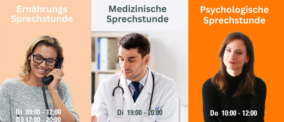 eine Frau am Telefon links, in der Mitte ein Arzt mit Stetoskop um den Hals und rechts eine sitzende Frau