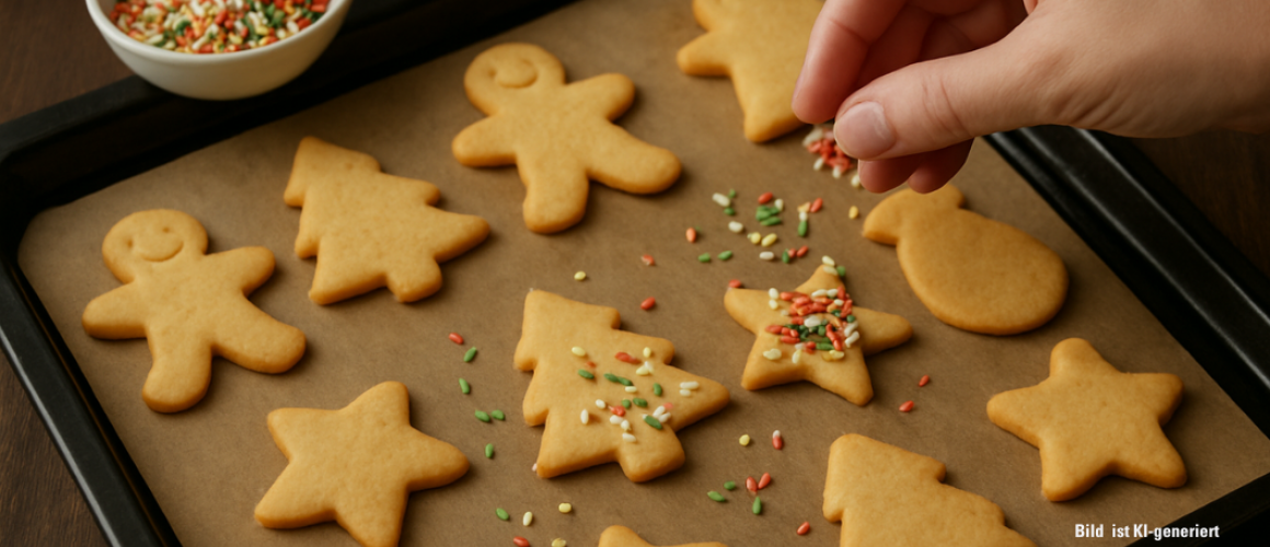 Plätzchen die auf einem Backblech liegen und mit streusel bestreut werden