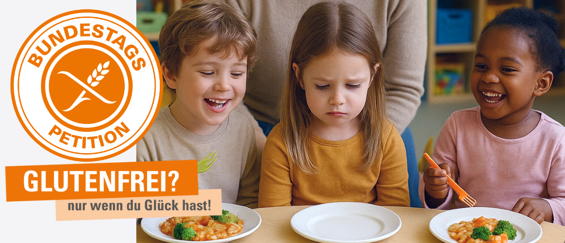 3 Kinder sitzen nebeneinsnder und essen. Das mittlere Kind, ein kleines Mädchen schaut traurig auf ihren leeren Teller. Links daneben ist das Petitionslogo und darunter steht Glutenfrei? Nur wenn du Glück hast.