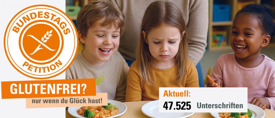 3 Kinder sitzen nebeneinsnder und essen. Das mittlere Kind, ein kleines Mädchen schaut traurig auf ihren leeren Teller. Links daneben ist das Petitionslogo und darunter steht Glutenfrei? Nur wenn du Glück hast.