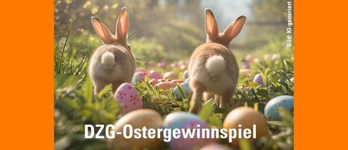 2 Hasen rennen durch den wald auf dem viele bunte Ostereier liegen. Darunter steht DZG-Ostergewinnspiel