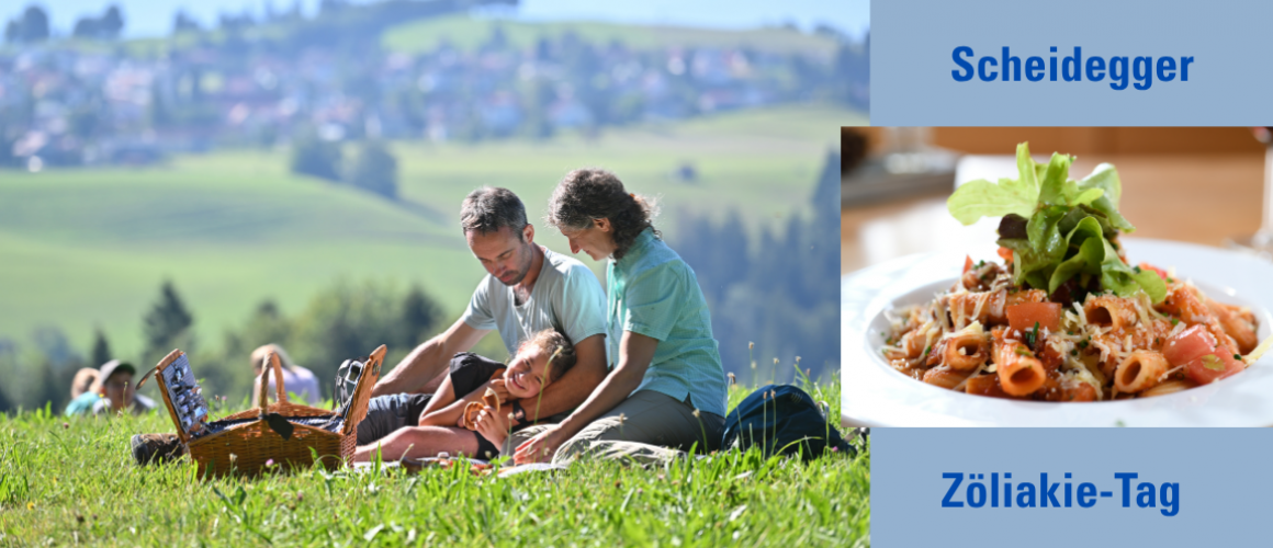 Familie sitzt entspannt auf einer grünen Wiese bei einem Picknick vor einer ländlichen Hügellandschaft; rechts daneben Nahaufnahme eines glutenfreien Pasta-Gerichts mit Salat auf einem weißen Teller vor blauem Hintergrund. Rechts steht: Scheidegger Zöliakie -Tag 