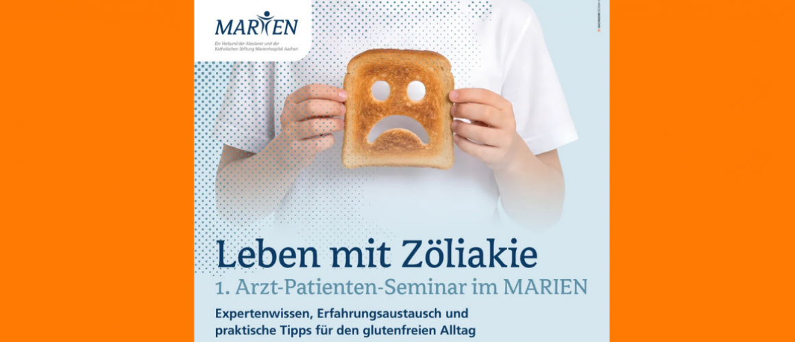 ein Mann mit weißen T-Shirt hält ein Toastbrot in der Hand aus dem ein trauriger Smiley geschnitten ist. Darunter steht das Motto des Arzt-Patientenseminars: Leben mit Zöliakie