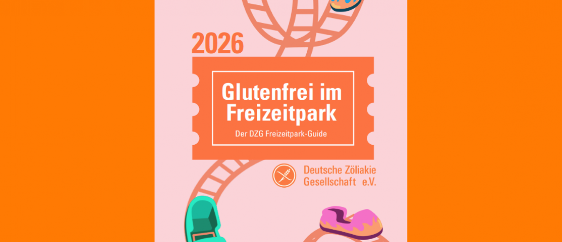 Orangener Hintergrund darauf sind Illstrationen einer achterbahn und mitten drin ein orangenes Ticket auf dem steht Glutenfrei im Freizeitpark