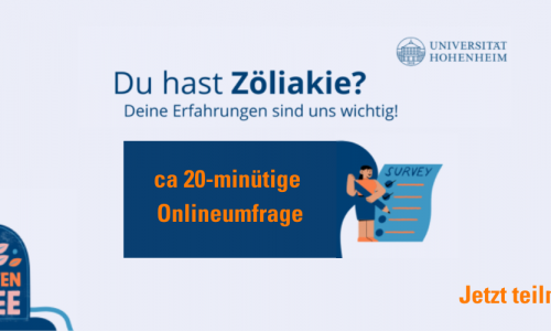 Logo von der Universität Hohenheim mit der frage Du hast Zöliakie? Deine Erfahrungen sind uns wichtig.  Ein Männchen, das eine Umfrage in den Händen hält . Unten eine Ähre und das Wort Gluten Free in einem folkloristischem Stil.