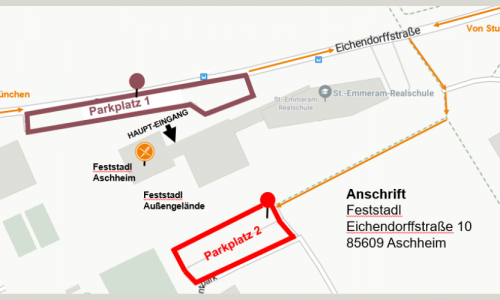 Anfahrtskizze mit Parkplätzen zum Feststadl in Aschheim
