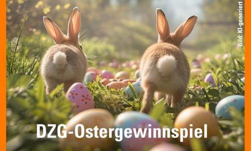 2 Hasen rennen durch den wald auf dem viele bunte Ostereier liegen. Darunter steht DZG-Ostergewinnspiel