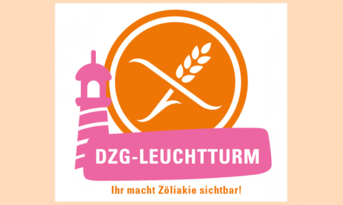 Logo des DZG-Leuchtturm-Projektes: Ein stilisierter rosa Leuchtturm steht links neben einem orangefarbenen Kreis mit einem durchgestrichenen Ähren-Symbol (DZG-Logo). Darunter befindet sich ein pinkes Banner mit der Aufschrift „DZG-LEUCHTTURM“. Unter dem Logo steht der Slogan „Ihr macht Zöliakie sichtbar!“.