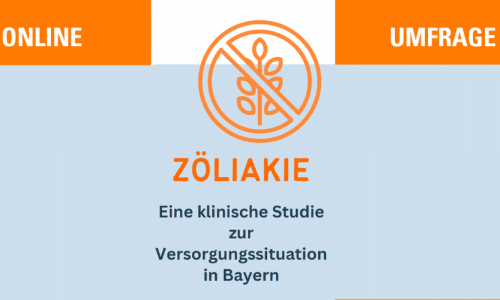 Bid einer orangenen durchgestrichenen Ähre darunter steht Zöliakie Eine klinische Studie zur Versorgungssituation in Bayern oben drüber steht Online Umfrage