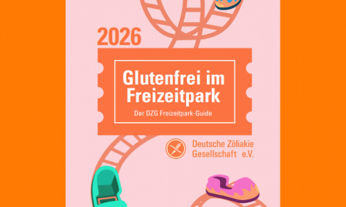 Orangener Hintergrund darauf sind Illstrationen einer achterbahn und mitten drin ein orangenes Ticket auf dem steht Glutenfrei im Freizeitpark