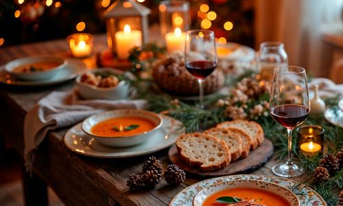 Schön weihnachtlich gedeckter Tisch mit vielen Kerzen und Kürbissupe